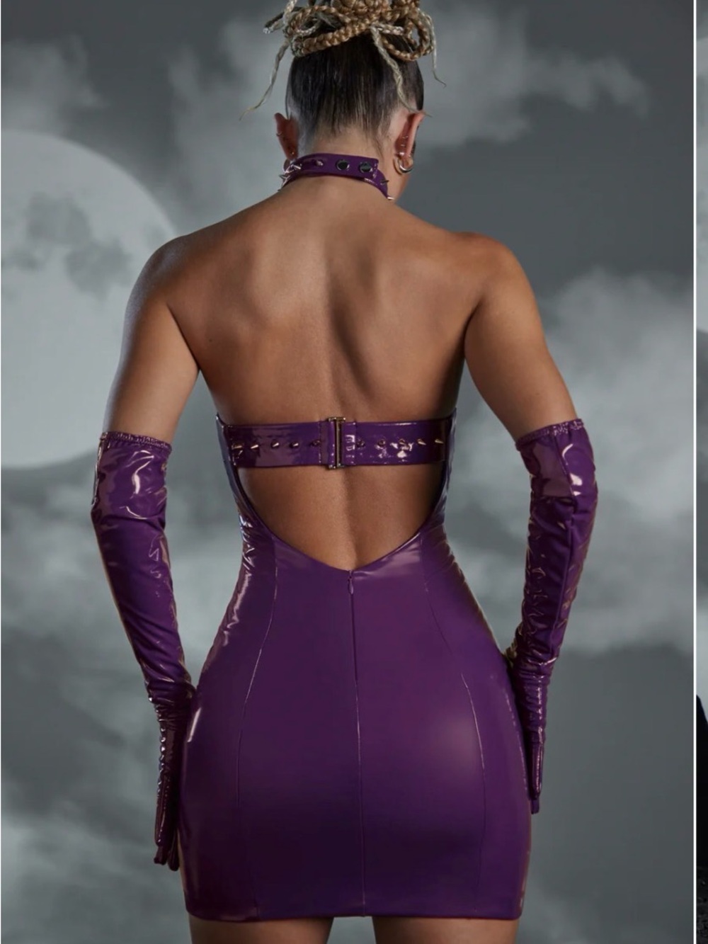 Oh Polly Purple Patent Halter Backless Mini Dress with Matching Gloves